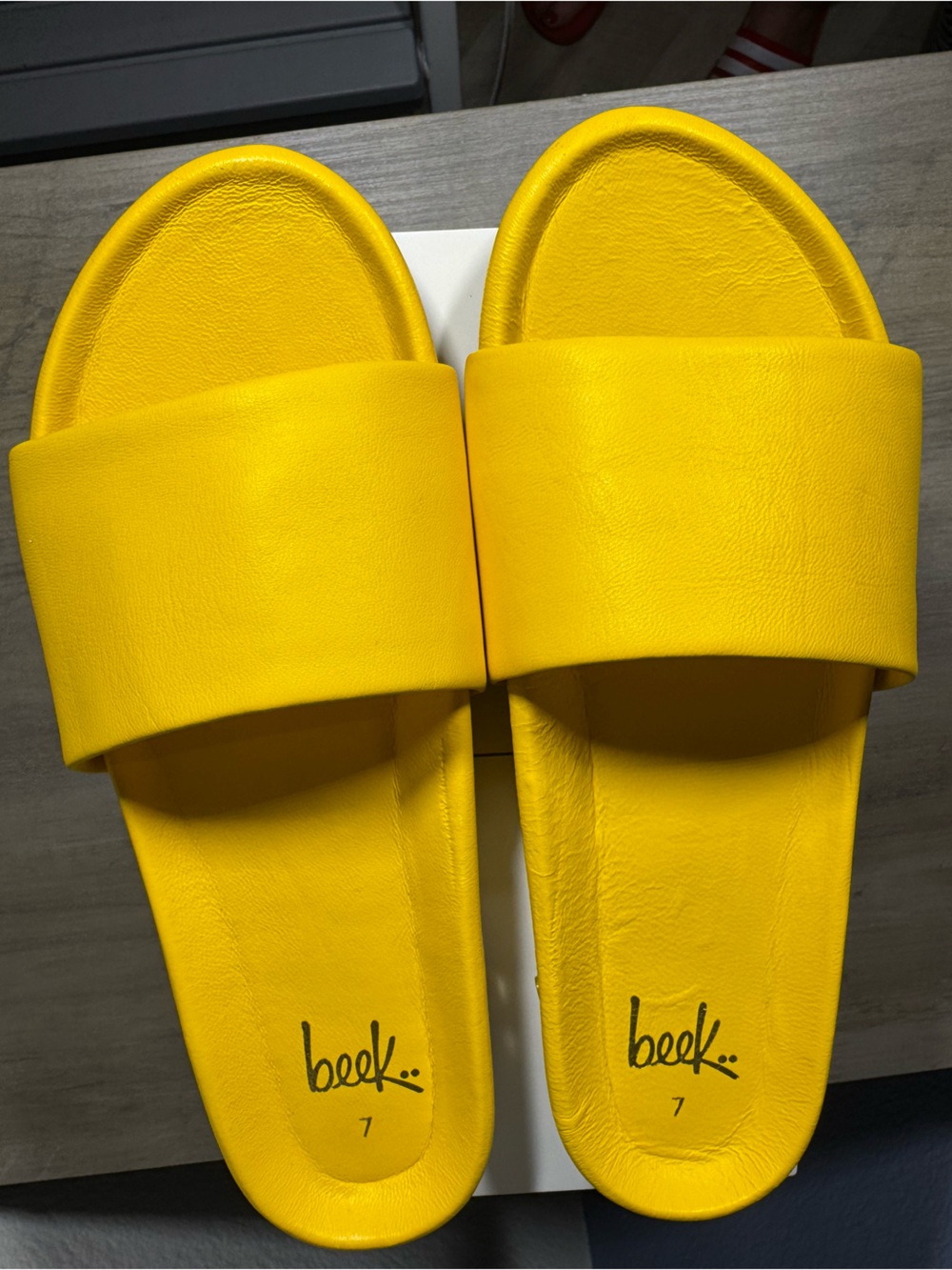 BEEK Bright Yellow Leather Slide Sandals Minimalist Cushioned Size 7 NWOT